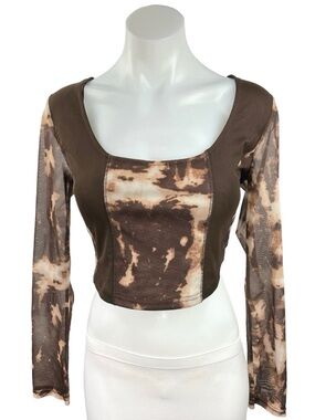 Brown Tie-Dye Square Neck Long Sleeve Crop Top